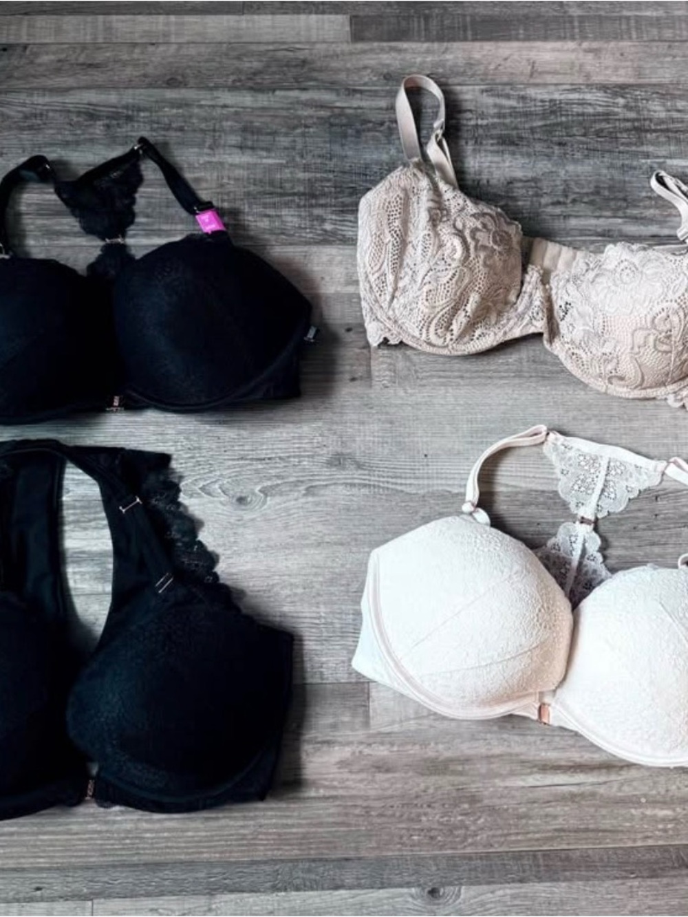 PINK Victoria's Secret Lace & Molded Bra Set — Black, Beige, Cream